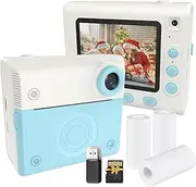 Instant Print Camera Digital Camera for 1080P Digital Video Camera Dual Lens 2.8 Inch IPS Screen Built-in Battery P Frames with 3 Rolls Thermal Printing Paper Neck Strap 32GB TF Card & Blue