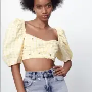 ZARA yellow cropped beaded Gingham top blouse Back Open Medium 0881/008/047