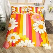 Erosebridal White Daisy Floral Bedding Sets Queen for Kids Girls Pink Flower Duvet Cover,Rainbow Geometric Stripes Bed Set Orange Yellow Ombre Bedding Botanical Theme Bed Cover