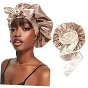Satin Bonnet Silk Sleep Cap Hair Bonnets for Women Stretchy Coffee + Champagne