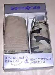 NEW Set of Reversible Rain Bucket Hat Compact Umbrella Samsonite Brown Tan Army