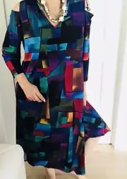 TAKING SHAPE WOMENS XANADU DRESS MIDI ASYMETRICAL PRINTED STRETCHY NWT SZ S