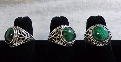 Natural Malachite Cabochon Sterling Silver Fleur-De-Lis Ring Cast Size 7