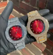 MENS HIP HOP ICY ICED TRENDY RED DIAL CUBIC DIAMOND LUXURY STYLISH METAL WATCH