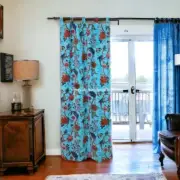 2 PC INDIAN VINTAGE COTTON VELVET CURTAIN DRAPE WINDOW DECOR AQUA DOOR CURTAIN