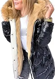 [JEShifangjiusu] Thick Warm Plumon Clothing for Women with Hat Coat for Winter Sew Pike Coat with Artificial Collar, Black, 3XL
