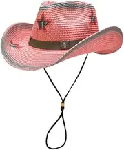 [TINAYAUE] Star Graffiti Straw Hat Womens Western Cowboy Hat Large Brim Sun Visor Cowgirl Camping Outing Travel Beach Party Cap Pink, Pink, One Size