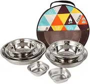 Happyyami 1Set Outdoor Camping Dinnerware Food Container Plates Bowls Utensils for Hiking and BBQ Portable Stainless Steel Tableware with Storage Bag for Camping Lovers