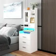 Bedside Table Bookshelf LED Nightstand Lamp Cabinet Shelving Unit Storage Drawers Shelves Compartments Stand Wooden with Charging Station Acrylic Door