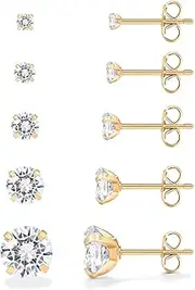 [PAVOI] 5 Pairs Stainless Steel Stud Earrings for Women | Hypoallergenic Earrings | Premium Cubic Zirconia Earring Studs | 14K Gold Earrings