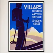 Galrie Vintage Skiing in Villars Switzerland Art Deco Poster for Home Decor, Black Frame, A2 42 x 60cm (16 x 24inch)