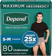 Depend FIT-Flex Adult Incontinence Underwear Men, Maximum Absorbency, Grey, Small/Medium, 80 Count (2 Packs of 40)