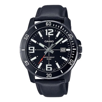 CASIO MTP-VD01BL-1B Stainless Steel Quartz 50M WR Men Leather Band Wrist Watch