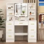 White Dressing Table with Mirror and Dimmable LED Strip Vanity Makeup Table