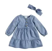 Mud Pie Denim Dress Stonewashed Tiered Ruffle Girls Dress & Headband Toddler New