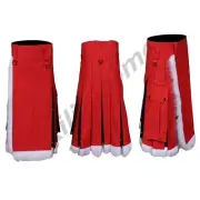 Men's Red Christmas Hybrid Tartan Pleated kilt With Pockets and White Faux Fur.