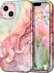 CASEFIV Compatible with iPhone 13 Case, Marble Pattern 3 in 1 Heavy Duty Shockproof Full Body Rugged Hard PC+Soft Silicone Drop Protective Girls Women Cover for iPhone 13 6.1 inch 2021, Rose Gold
