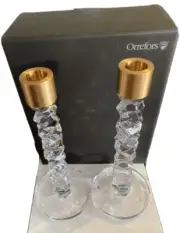 Orrefors Crystal Carat Candlestick Pair Brass Medium BRAND NEW