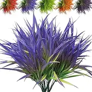 FANMINI Outdoor Artificial Plants 8 Bundles Fake Plants Grass UV Resistant Fake Flowers Bush Greenery,17Inch Tall Faux Grass Shrubs for Home Porch Pathway Garden Décor Outside Indoor (Purple)
