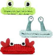3 Pack Spa Headband Face Wash Hairband Facial Makeup Head Wraps Cartoon Elastic Head Band Cute Frog Snail Crab Shower Headband Creative Hair Accessories for Beauty Skincare Sports (Green, Red, One size)