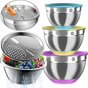 Mixing Bowls with Airtight Lids, Stainless Steel Mixing Bowl Set with 3 Metal Nesting Bowls, Colander & Grater, Non-Slip Bottoms, Size 1.5, 2.5, 6 QT, Great for Mixing & Serving, Mutilcolor