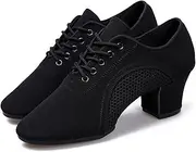 [HOBTEC] Women's Latin Dance Shoes Salsa Tango Lace-up Leather Dancing Chunky Heel Dancing Shoes
