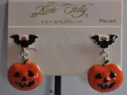 KIRKS FOLLY HALLOWEEN ORANGE JACK-O-LANTERN AND BAT EARRINGS IN SILVER TONE