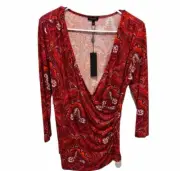 NWT Talbots Womens Red Print Blouse Small Paisley Stretchy Top Shirt Faux Wrap