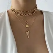 Set of 4: 2 Chain Chokers + Lock Pendant Necklace + Key Pendant Necklace 0558 - Gold - One Size