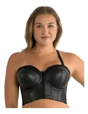 [Parfait] Stevie Faux Leather Longline Bustier Bra Top in Black Faux Leather