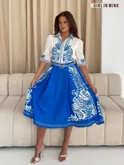 Girl In Mind Blue Holland Boarder Print Collar Midi Dress (W58178) | $127