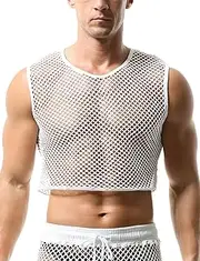 [KEOYA] Men Fishnet Tank Top Mesh Sheer Crop Top Transparent Muscle Shirts for Workout Club Casual