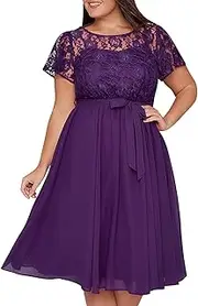 [Nemidor] Women's Scooped Neckline Floral lace Top Plus Size Cocktail Party Midi Dress (26, Purple)