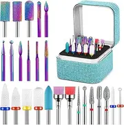 25Pcs Nail Drill Bits Set with Storage Box, 3/32 Inch Tungsten Ceramic Diamond Carbide Nail Drill Bits for Acrylic Gel Polish, Cuticle Efile Remover for Manicure Pedicure