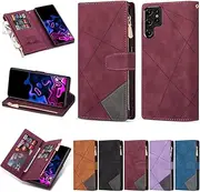 Leather Zipper Wallet Case for Samsung Galaxy S22 Ultra Magnetic Flip Wirst Strap Wristlet Zipper Card Holder Wallet Kickstand Phone Cases for Samsung Galaxy S22 Ultra