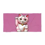 Cute Pink Lucky Cat Beach Towel, Summer Essential, Gift for Cat Lovers, Vacation