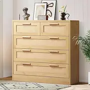 [ALFORDSON] Rattan Dresser with 5 Drawers Hallway Tallboy, Bedroom Chests of Drawers with Handles, Living Room Side Cabinet Standing Storage Cupboard, Home Furniture Organiser Sideboard, Wood Colour