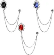 [Huture] 3 Packs Men's Gem Brooch Lapel Pin Badge Hanging Chains Collar Brooches Pin for Career Suit Tuxedo of Shirts Tie Hat Scarf for Boyfriend Father Birthday Gift, Silver Black Red Blue, Silver