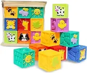 Adpartner Baby Blocks (Set of 9), Soft Silicone Squeeze Building Blocks Stacking Toys for 6+ Months Infants, Colorful Educational Baby Stacking Blocks Set with Numbers Animals Shapes Textures