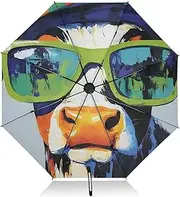 [PDZRMY] Cow Glasses Green UV Protection Travel Umbrella Compact for Rain and Sun - Auto Open and Close UPF 50+ Windproof Portable 46” Sun Umbrella for Women and Men