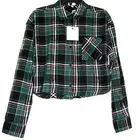 NWT Women Junior CROPPED Flannel Plaid Check shirt top button up Black & Green