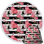 Black and White Stripes and Pinkish Roses Round Beach Towel
