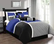 Chezmoi Collection Upland 7-Piece Quilted Patchwork Comforter Set, Blue/Black...