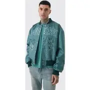 Mens Tall Boxy Tonal Badge Tumbled PU Varsity Jacket In Blue
