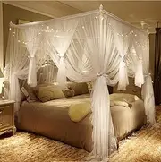 Nattey 4 Corner Poster Princess Bed Curtain Canopy Mosquito Net for Girls Boys Adults - 4 Opening - Bedroom Decoration (Queen, White)
