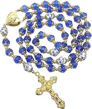 [Nazareth Store] Catholic Blue Crystal Beads Gold Rosary Flowers Beaded Necklace Miraculous Heart Locket Medal & Cross Religious Women Men Amulet