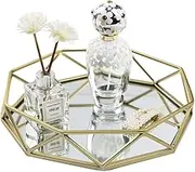 Gold Tray Mirror, Vanity Tray Dresser Tray Jewelry Organizer Makeup Tray Perfume Tray Storage Tray for Vanity, Dresser, Bedroom, Garden, Coffee Table, Bathroom, 17.5 * 3.9CM