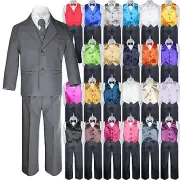 7pc Baby Toddler Kid Formal Wedding Tuxedo Boy Dark Gray Suit Vest Bow Tie S-8