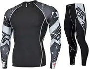 [GUANYUA] Men’s Compression Set, Long Sleeve+Pants Gym Clothing Set,Base Layers Tights with Loose Fitting 2pcs-C-S