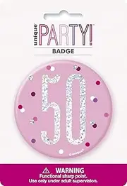 Unique Party 83534 83534-3" Glitz Pink & Silver 50th Birthday Badge, Pink, Age 50